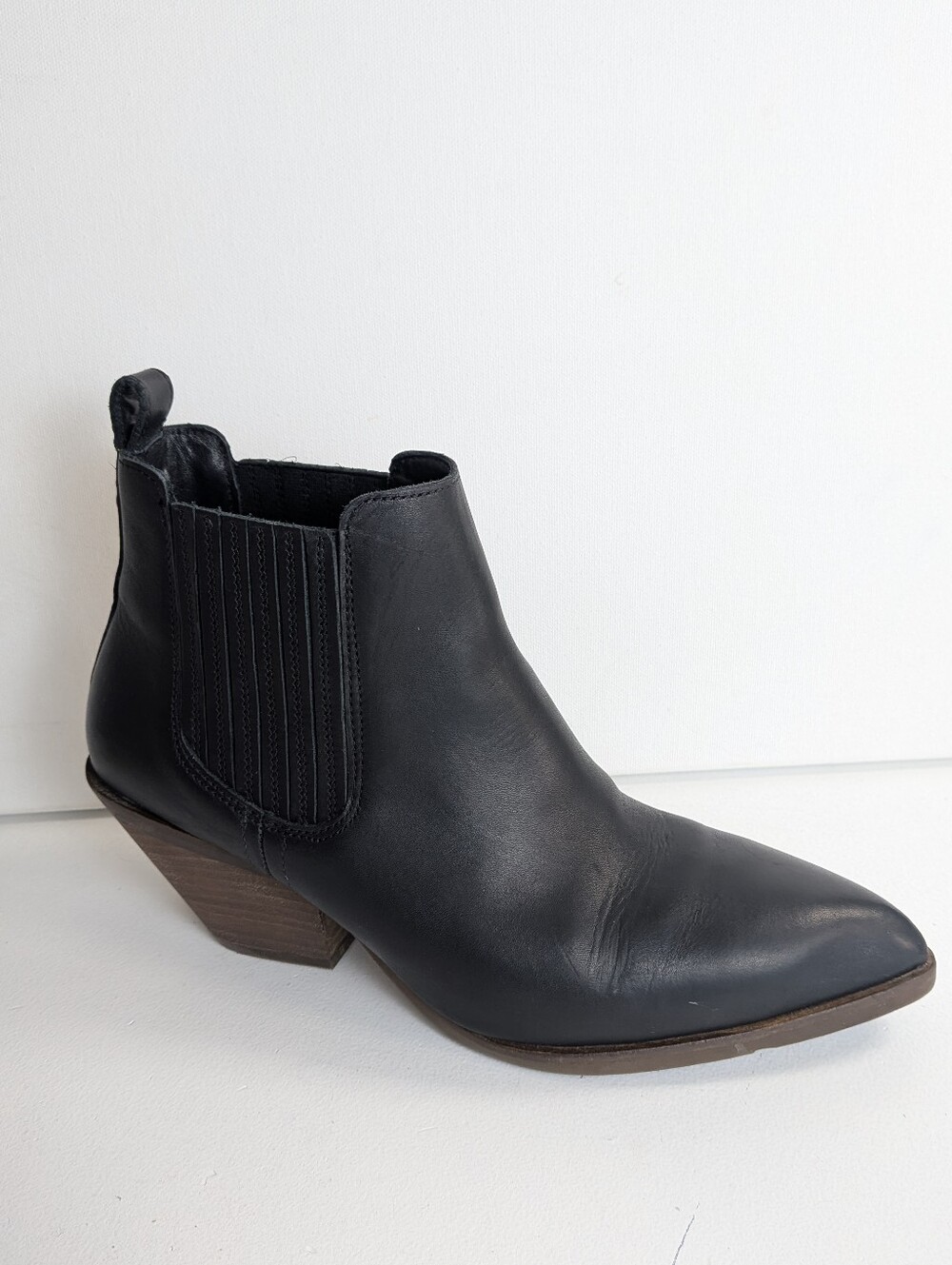 Patina Womens Black Leather Chelsea Ankle Boots Pointed Toe Block Heel Sz 8 euc